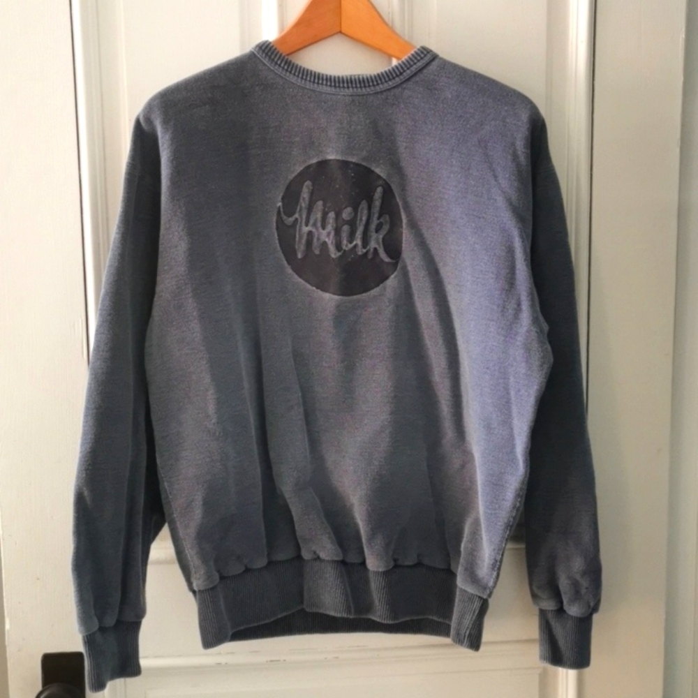 Men's Vintage Non-fiction Milk novelty sweater. Slate blue. 80s. Size small. EUC